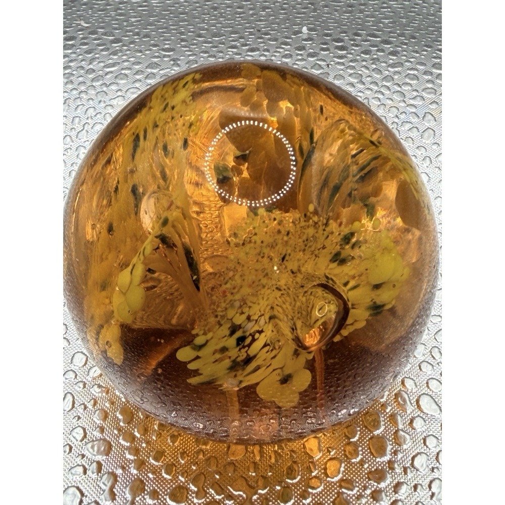 Vintage Amber Art Glass Sphere Paperweight‎ Yellow Flower Inclusions Sculpture